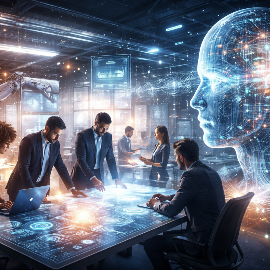 Professionals collaborating around a digital table in a futuristic office with AI visual elements, representing work design and AI transformation
